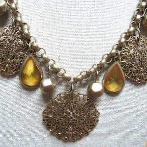 LIA SOPHIA Beautiful Chunky GOLD YELLOW Glass Stones Teardrop Necklace FILIGREE